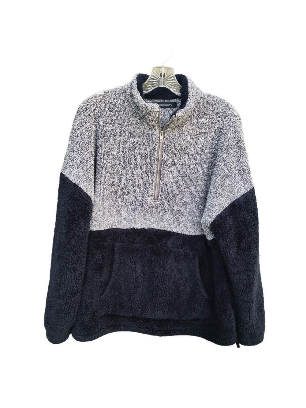 Merokeety Faux Shearling Navy Blue and Gray Pullover Sweatshirt Size M
